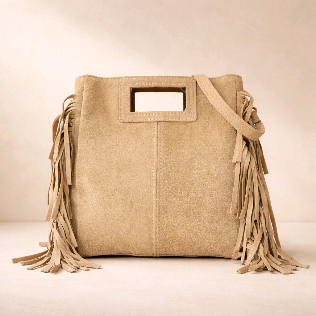 Bolso de mano y bandolera beige en piel vuelta con flecos laterales y cierre de cremallera modelo Bianca de Muzetto 