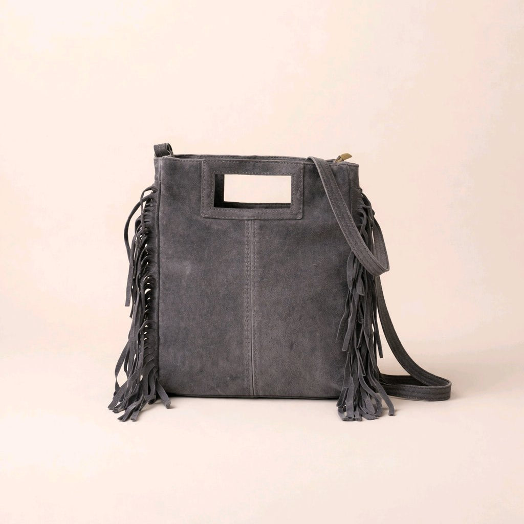 Bolso de mano y bandolera gris antracita en piel vuelta con flecos laterales y cierre de cremallera modelo Bianca de Muzetto 