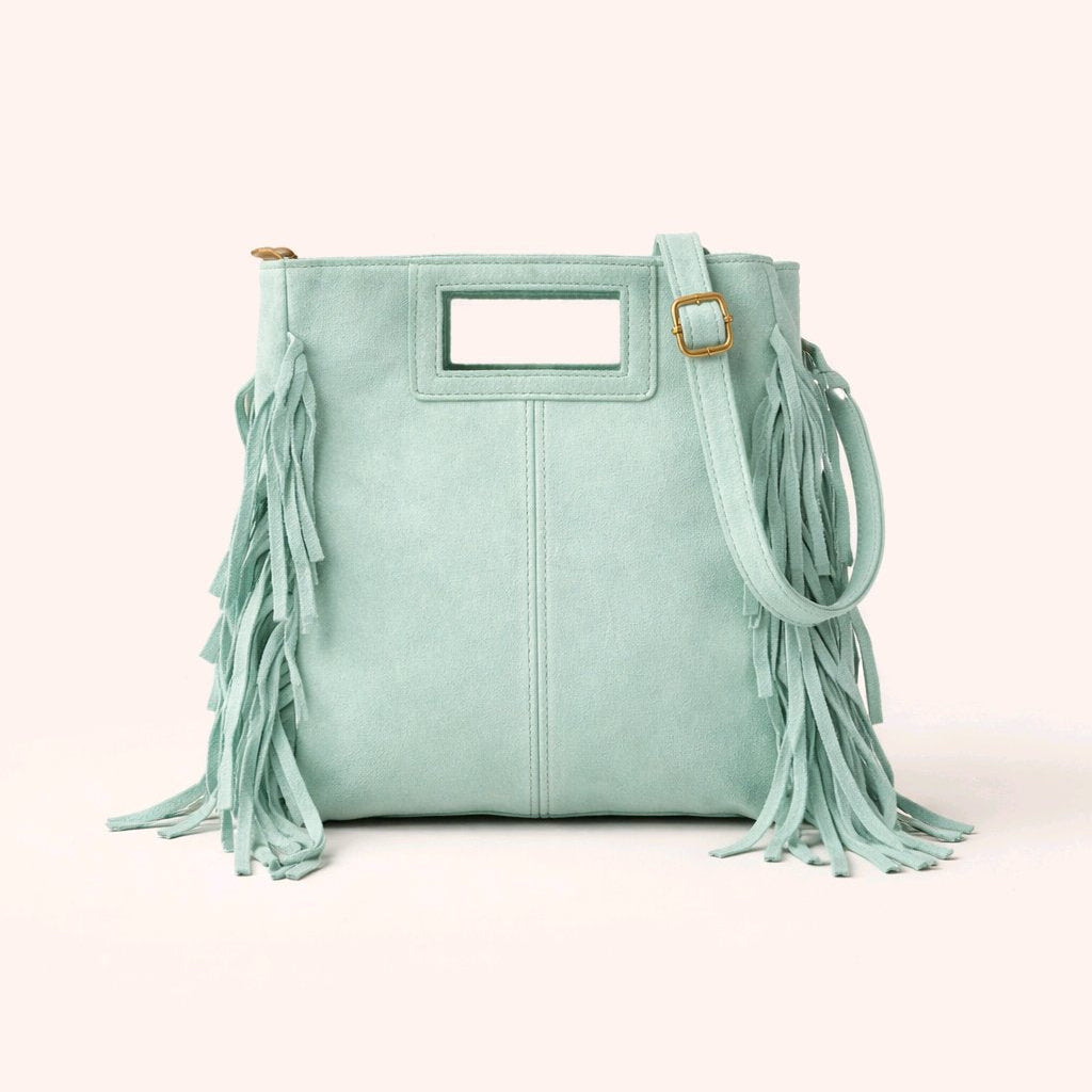  Bolso de mano y bandolera en piel vuelta verde agua con flecos laterales y cierre de cremallera modelo Bianca de Muzetto 