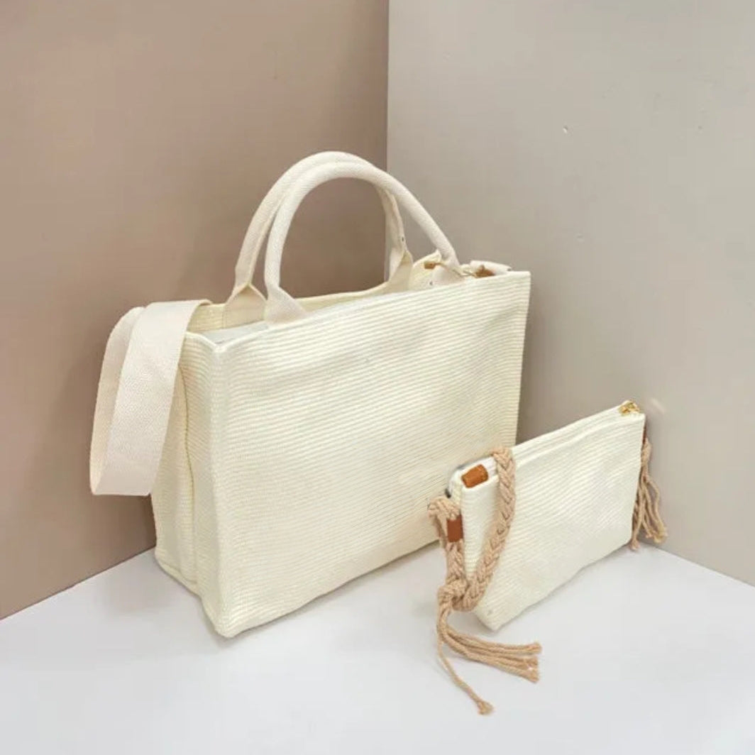 Set de bolso tote de 31x33 cm y neceser a juego con textura de algodón en color beige y blanco modelo Alessandra de Muzetto 