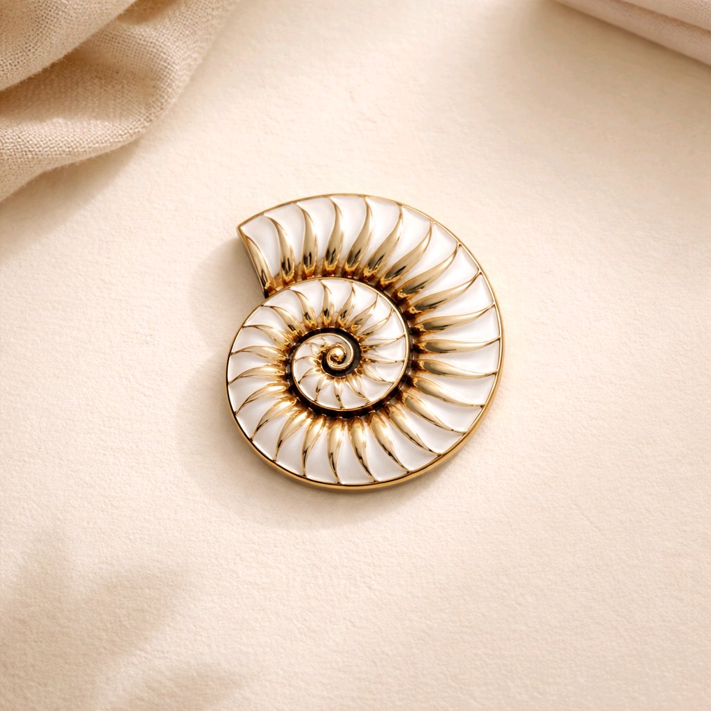 Broche Nautilus esmaltado en color blanco marfil y oro, diseño de espiral orgánica, joyería respetuosa con el medio ambiente.