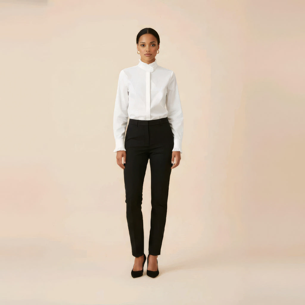 CAMISA OLIVIA CLASICA, BLANCA CON CUELLO PERKINS RIZADO Y PUÑOS RIZADOS