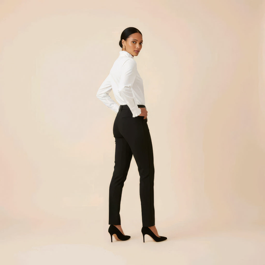 CAMISA OLIVIA CLASICA, BLANCA CON CUELLO PERKINS RIZADO Y PUÑOS RIZADOS