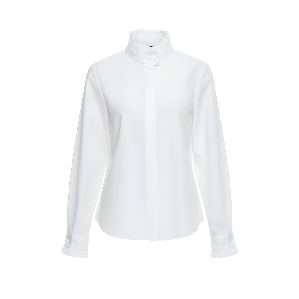 CAMISA OLIVIA CLASICA, BLANCA CON CUELLO PERKINS RIZADO Y PUÑOS RIZADOS