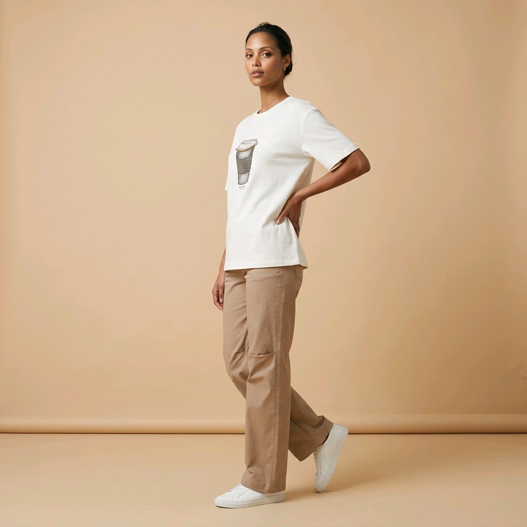 Camiseta LUMI blanca con detalles brillantes combinada con pantalón beige