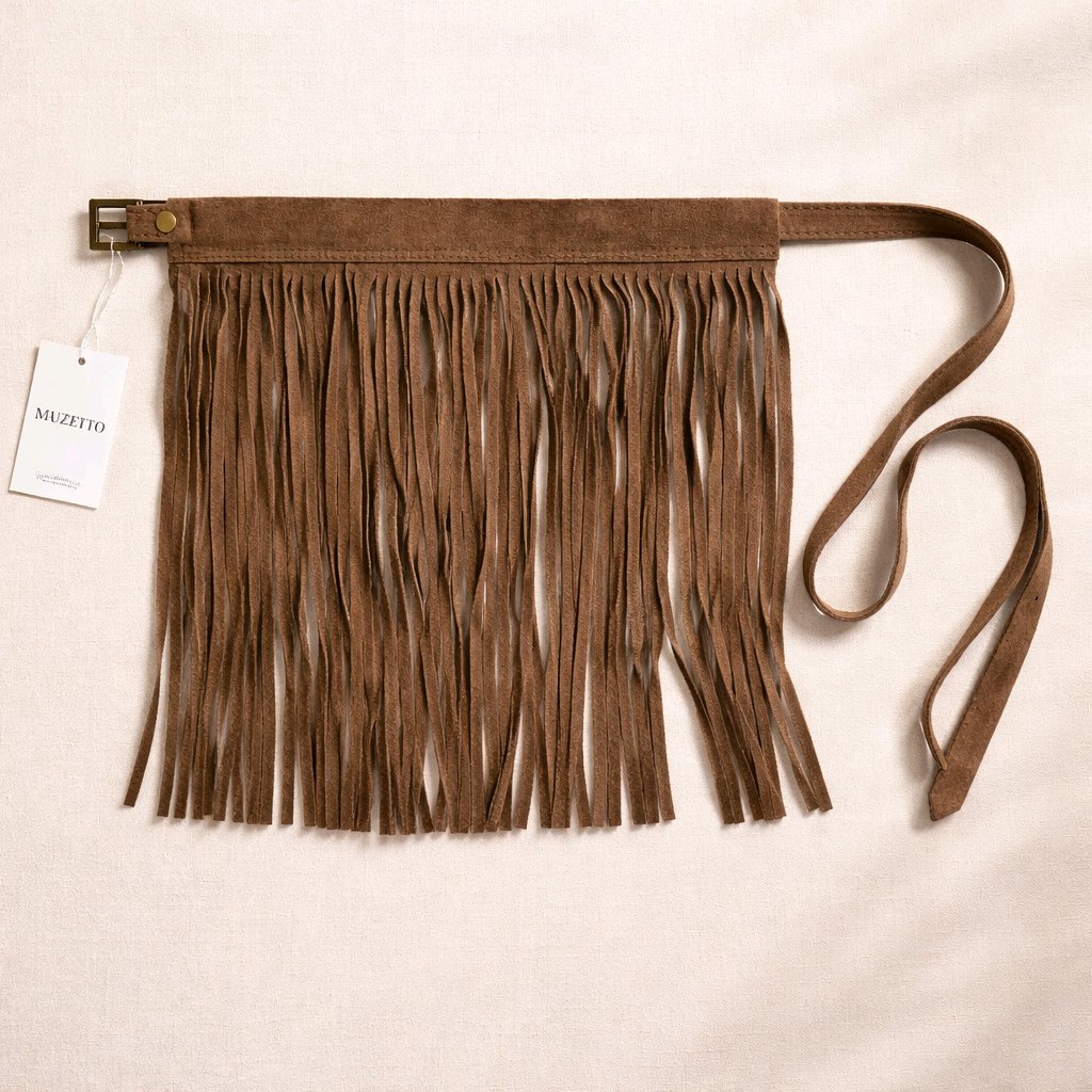 Cinturón de flecos camel de piel auténtica sobre falda blanca, estilo boho-chic italiano colección Riviera.