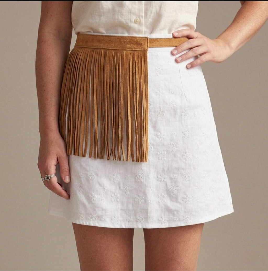 Cinturón de flecos camel de piel auténtica sobre falda blanca, estilo boho-chic italiano colección Riviera.
