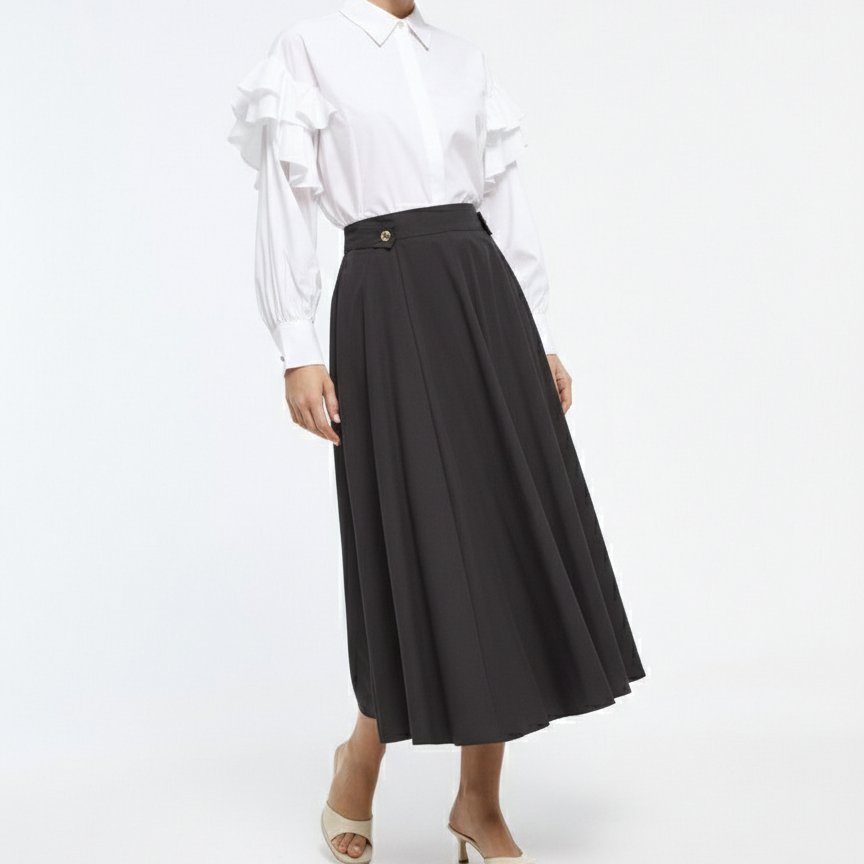 FALDA ARIA MIDI, NEGRA CON BOTONES DECORATIVOS