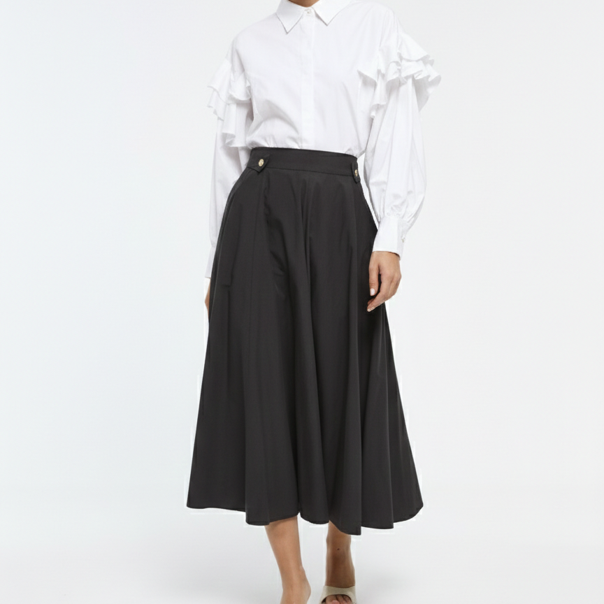 FALDA ARIA MIDI, NEGRA CON BOTONES DECORATIVOS