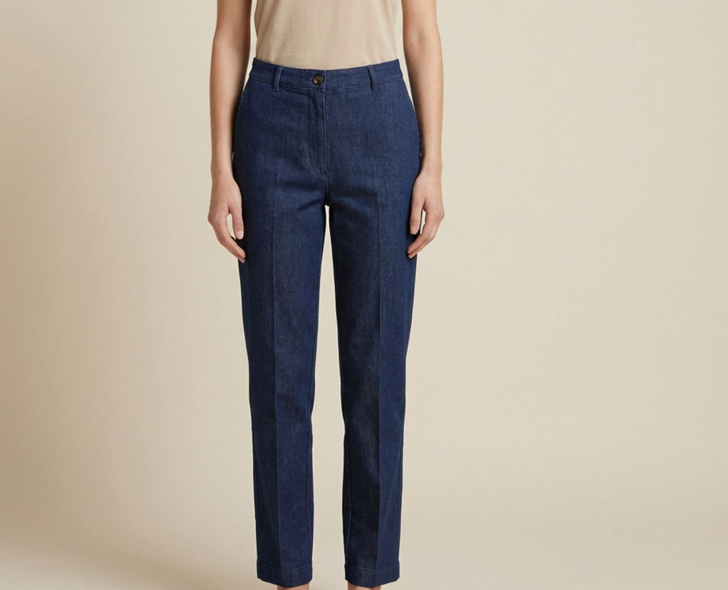PANTALÓN ``ALBA`` VAQUERO RECTO CON RAYA MARCADA Y VUELTA