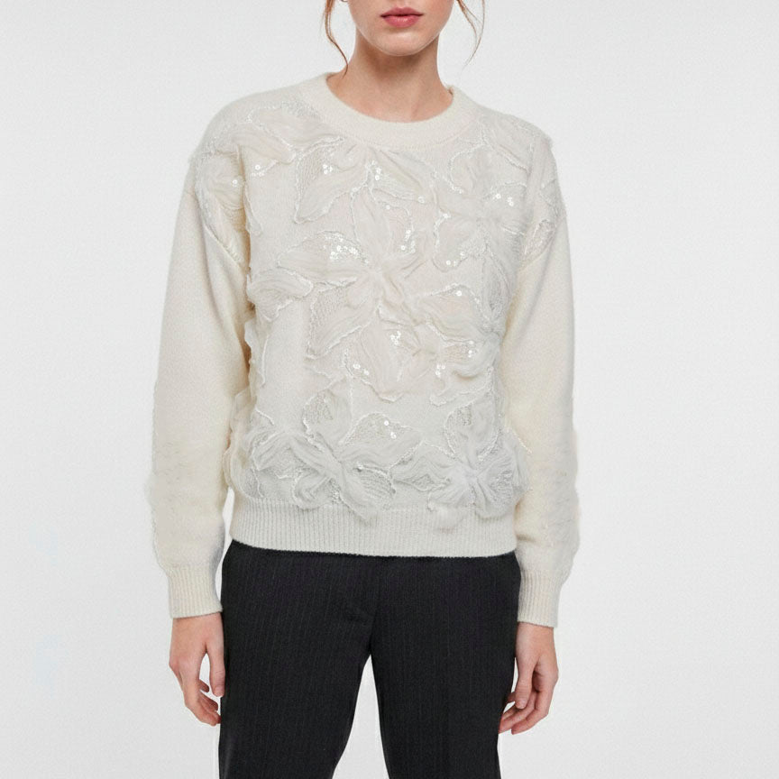 JERSEY ``VALENTINA`` DE PUNTO CREMA CON BORDADO FLORAL Y LENTEJUELAS