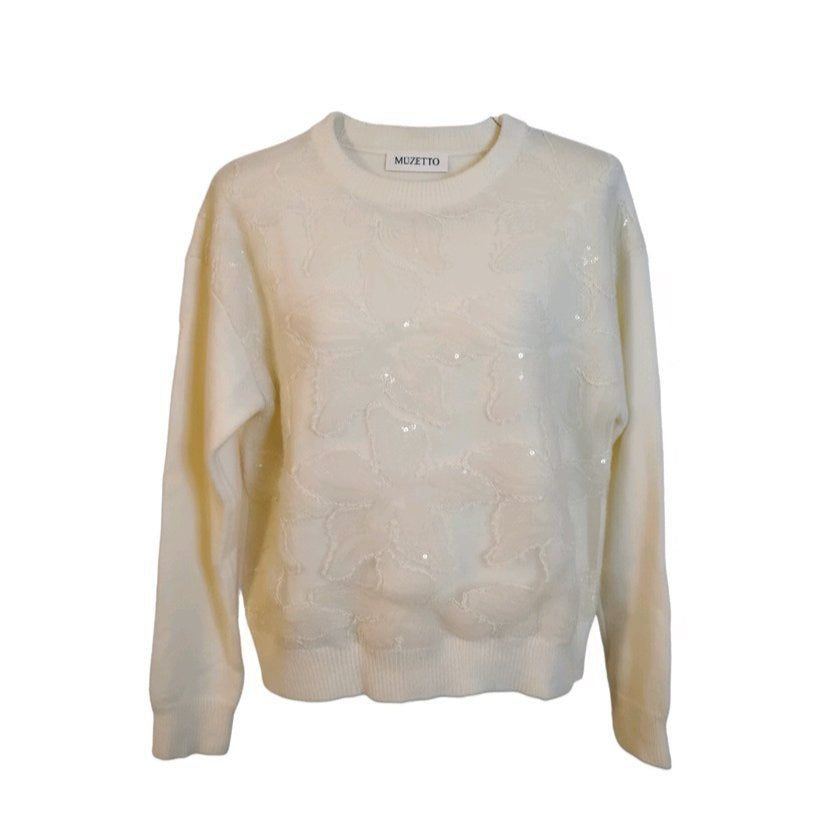 JERSEY ``VALENTINA`` DE PUNTO CREMA CON BORDADO FLORAL Y LENTEJUELAS
