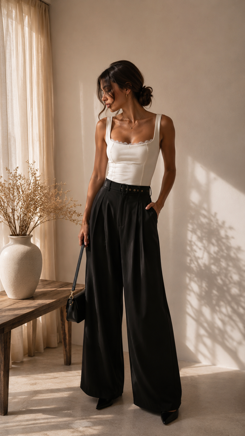 Look elegante de mujer con top blanco de tirantes y pantalón negro de pierna ancha con cinturón.