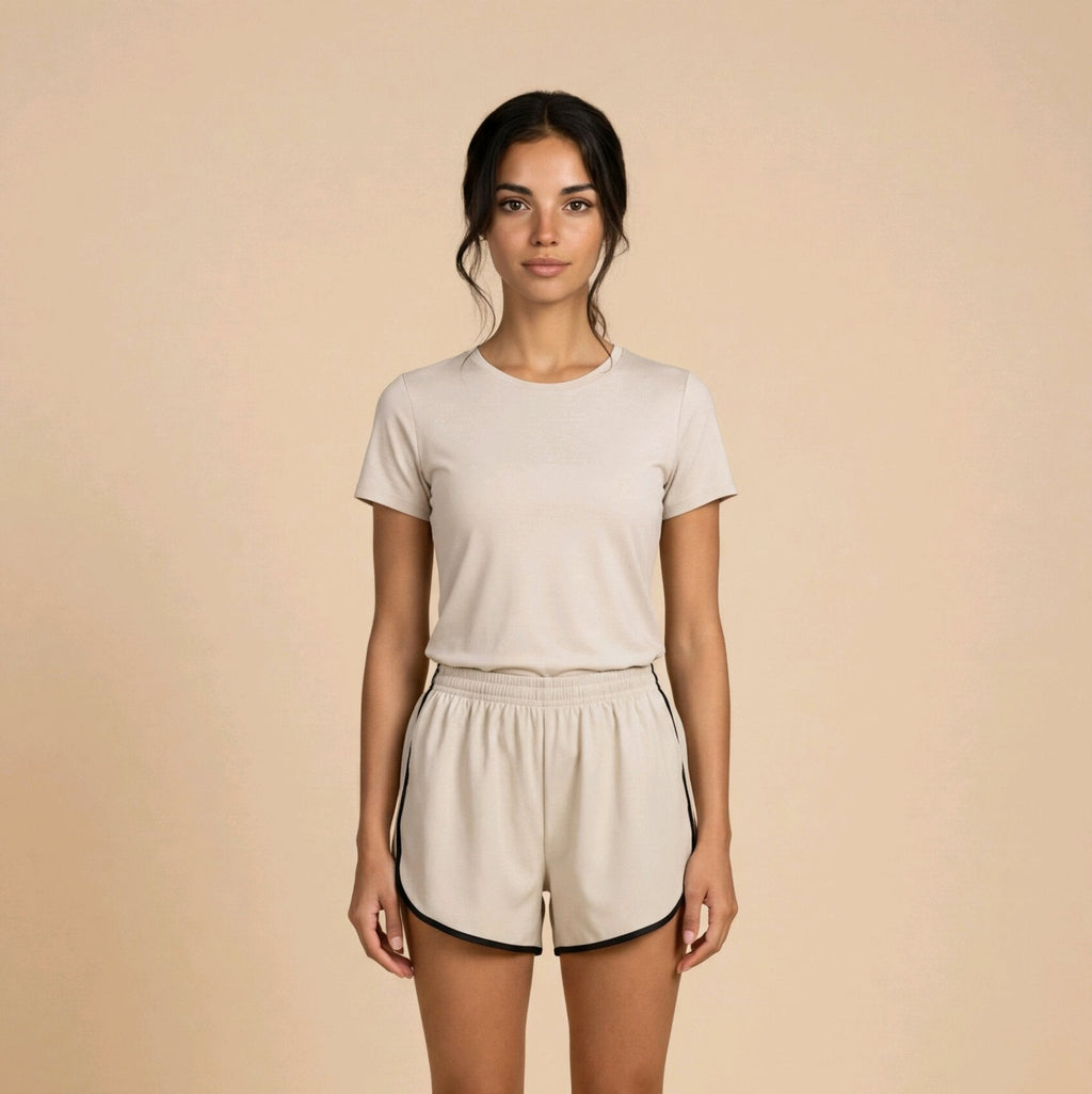 Pantalón corto fluido en color beige con ribete negro a contraste y cintura elástica modelo Noa de Muzetto 