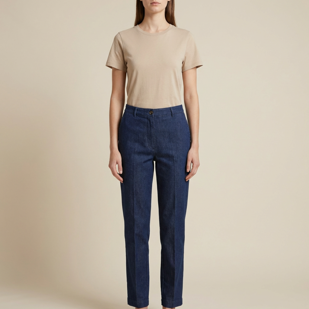 PANTALÓN ``ALBA`` VAQUERO RECTO CON RAYA MARCADA Y VUELTA