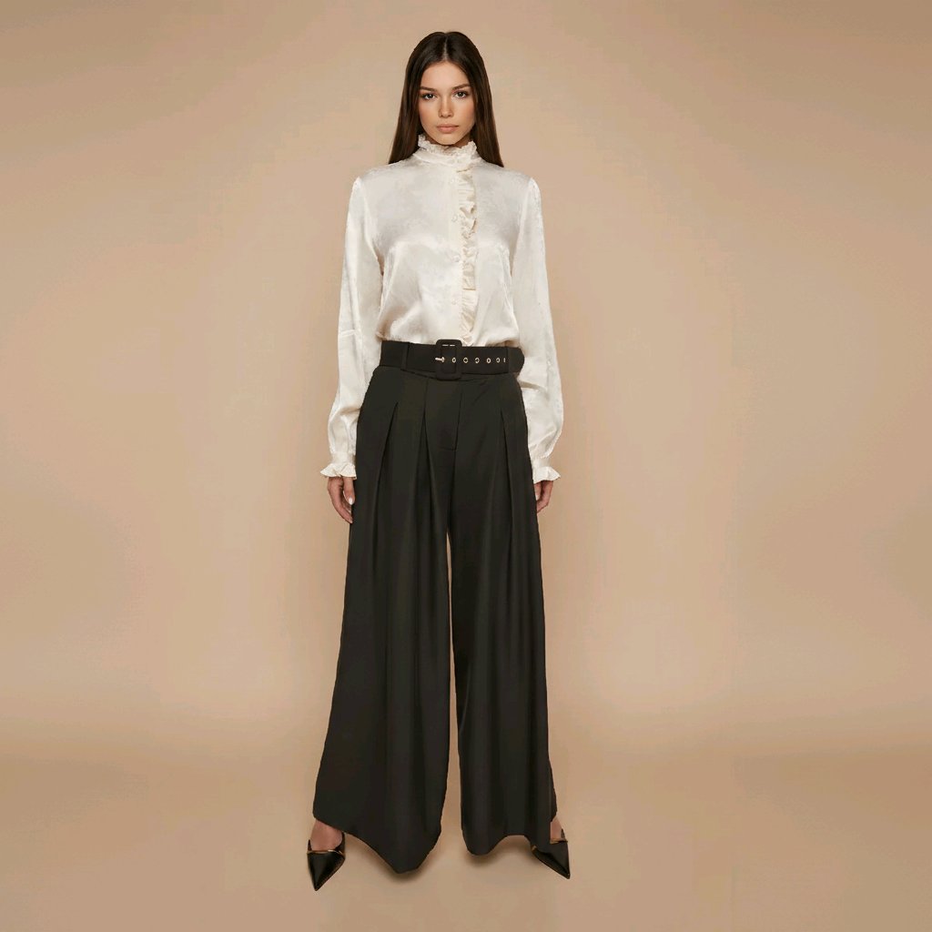 PANTALÓN VICTORIA ANCHO, NEGRO CON CINTURA ELÁSTICA Y CINTURÓN DECORATIVO