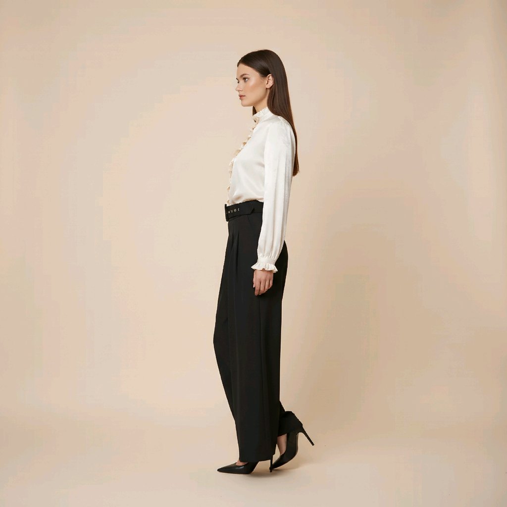 PANTALÓN VICTORIA ANCHO, NEGRO CON CINTURA ELÁSTICA Y CINTURÓN DECORATIVO