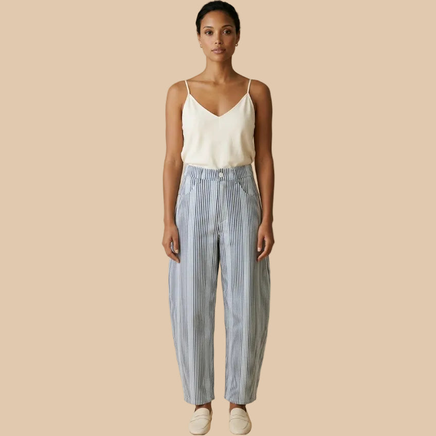 Pantalón de rayas verticales azules y blancas de tiro alto y pierna fluida modelo Portofino de Muzetto 