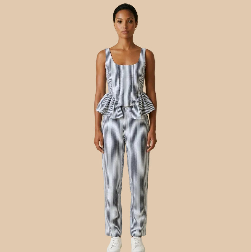 Pantalón de rayas verticales azules y blancas de tiro alto y pierna fluida modelo Portofino de Muzetto 