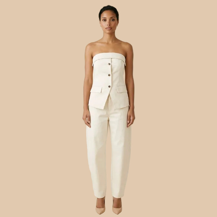 Pantalón sastre de algodón en color crema con corte wide leg de pata ancha y tiro alto modelo Sienna de Muzetto