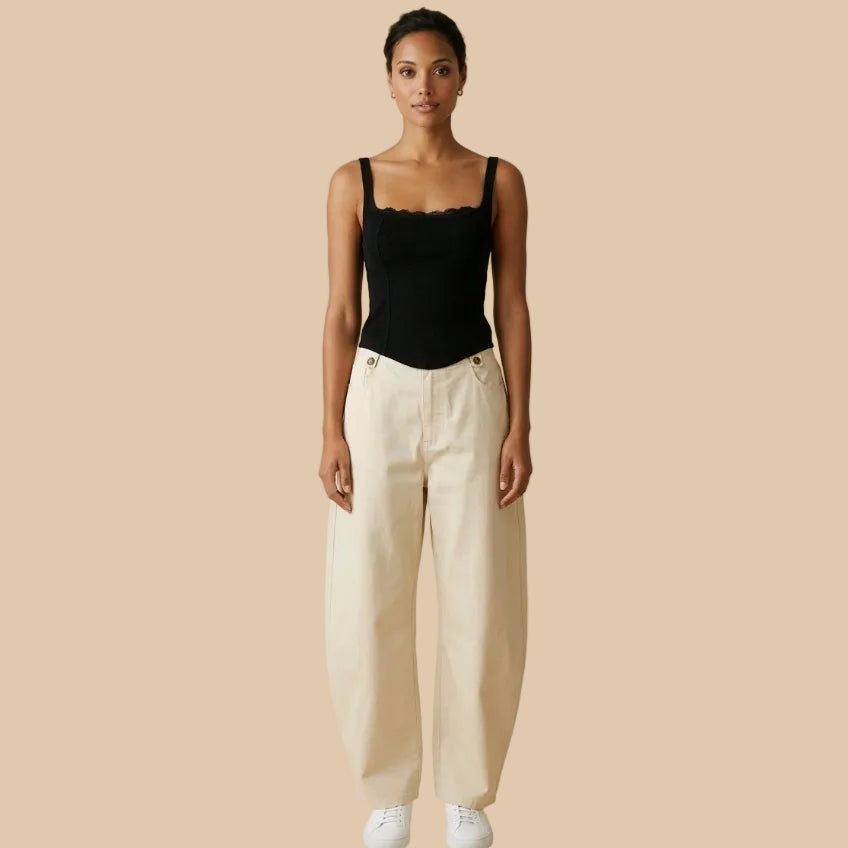 Pantalón sastre de algodón en color crema con corte wide leg de pata ancha y tiro alto modelo Sienna de Muzetto