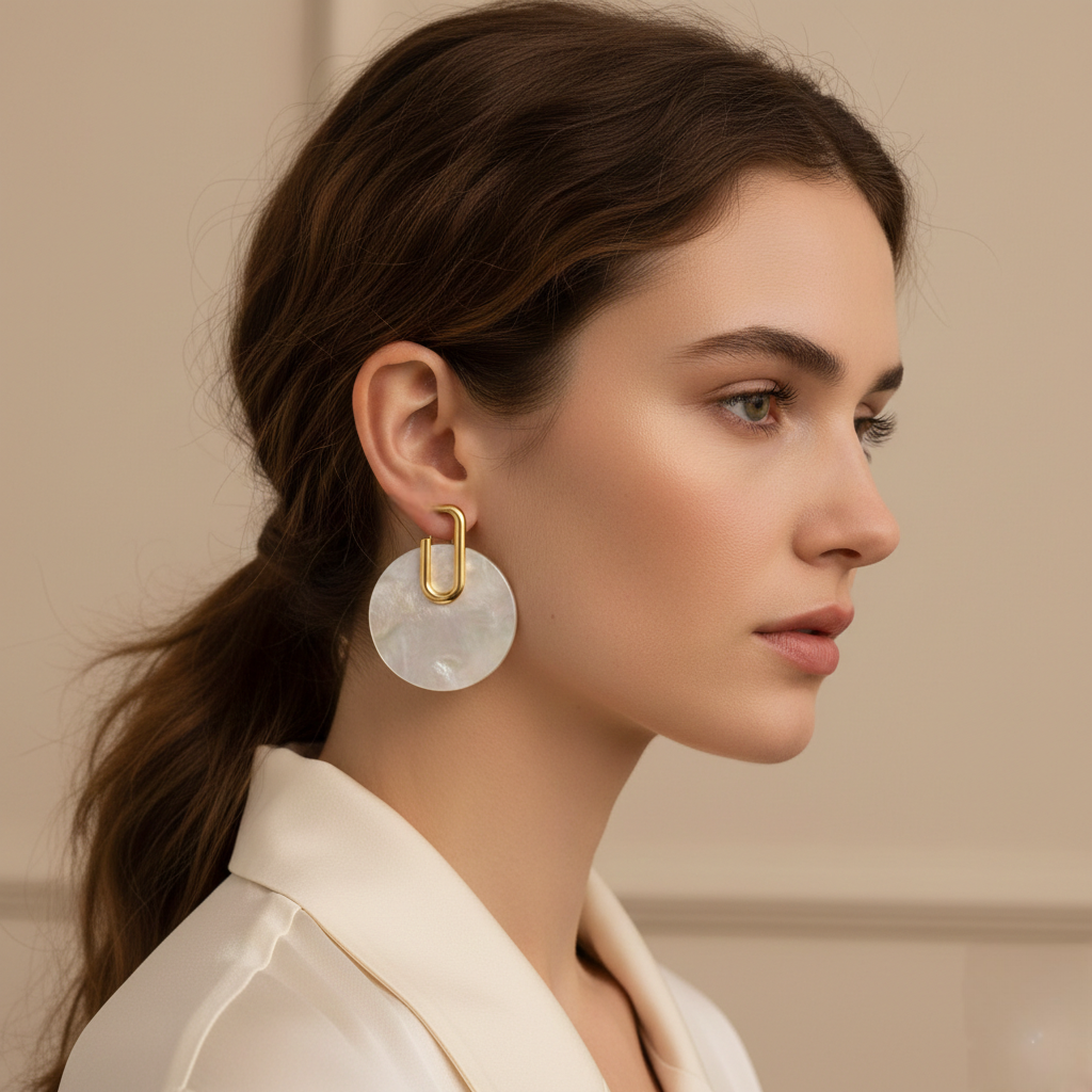 PENDIENTES IRIS COLGANTES DISCO EFECTO NÁCAR BLANCO