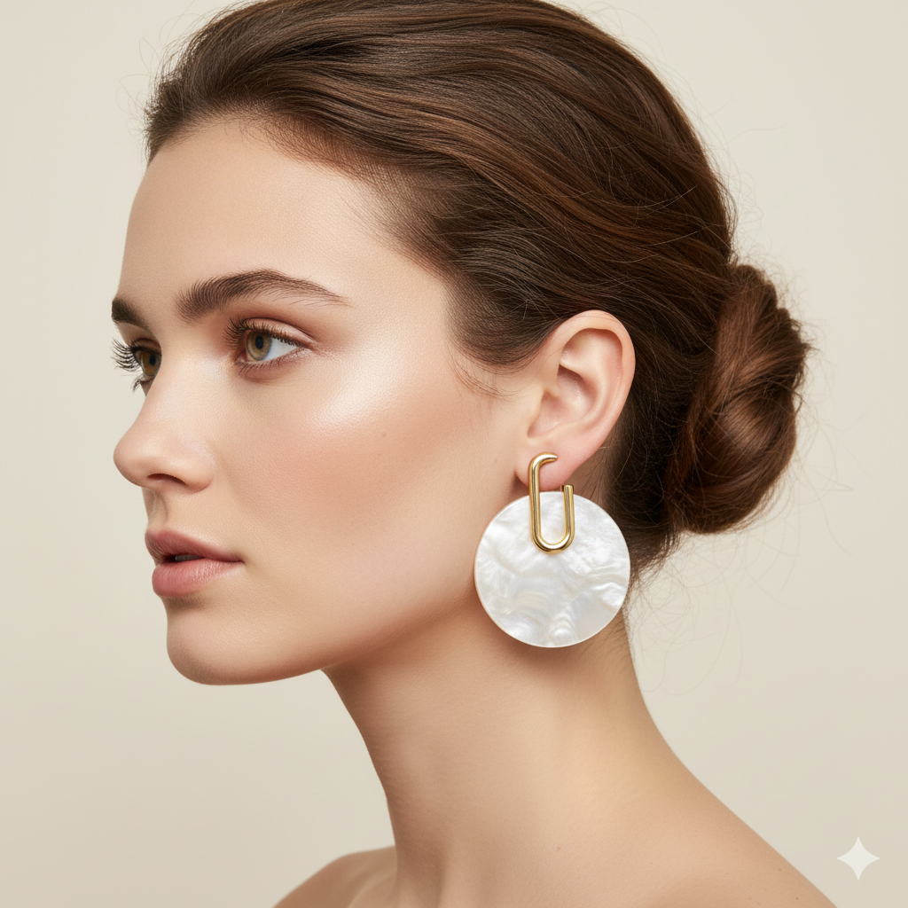 PENDIENTES IRIS COLGANTES DISCO EFECTO NÁCAR BLANCO