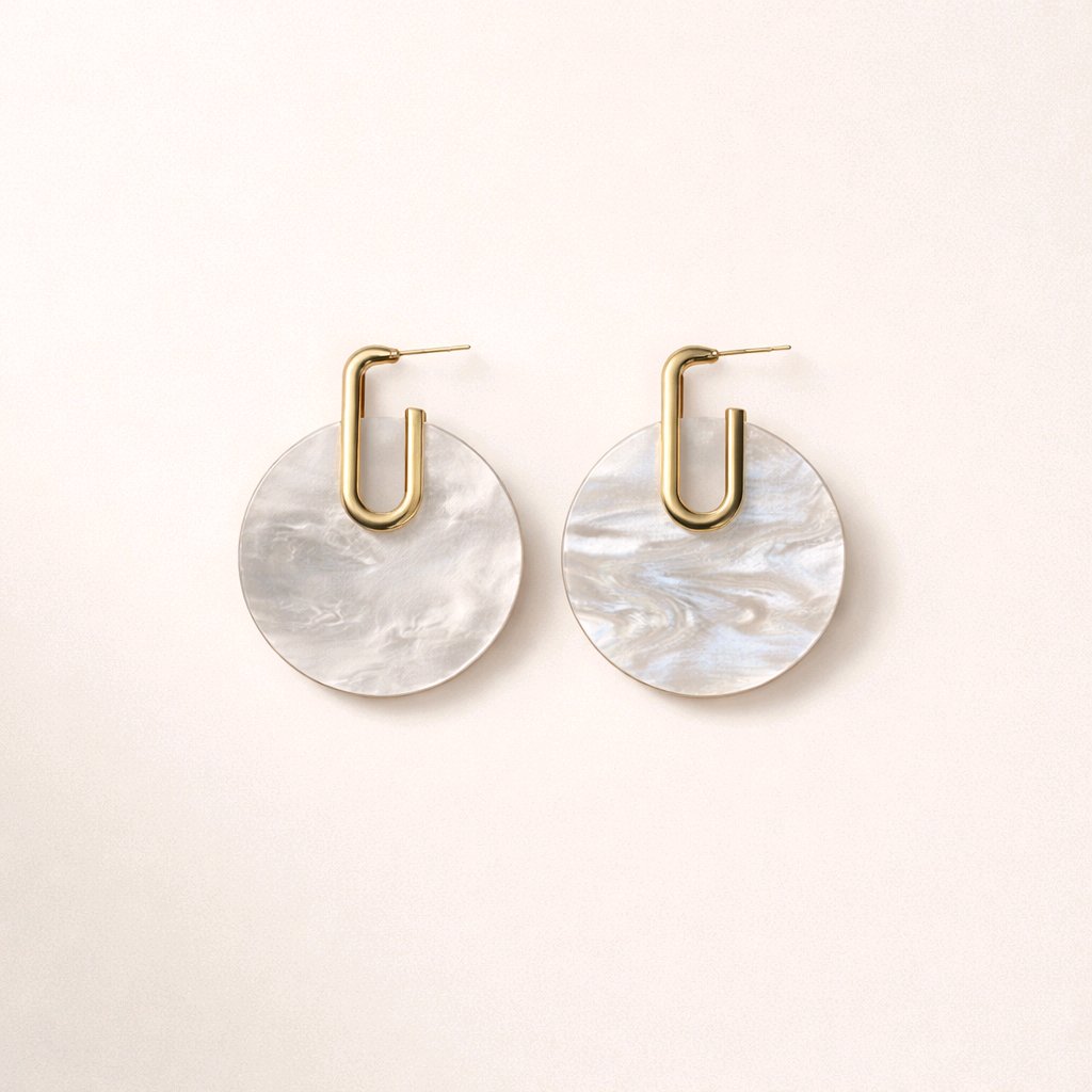 PENDIENTES IRIS COLGANTES DISCO EFECTO NÁCAR BLANCO