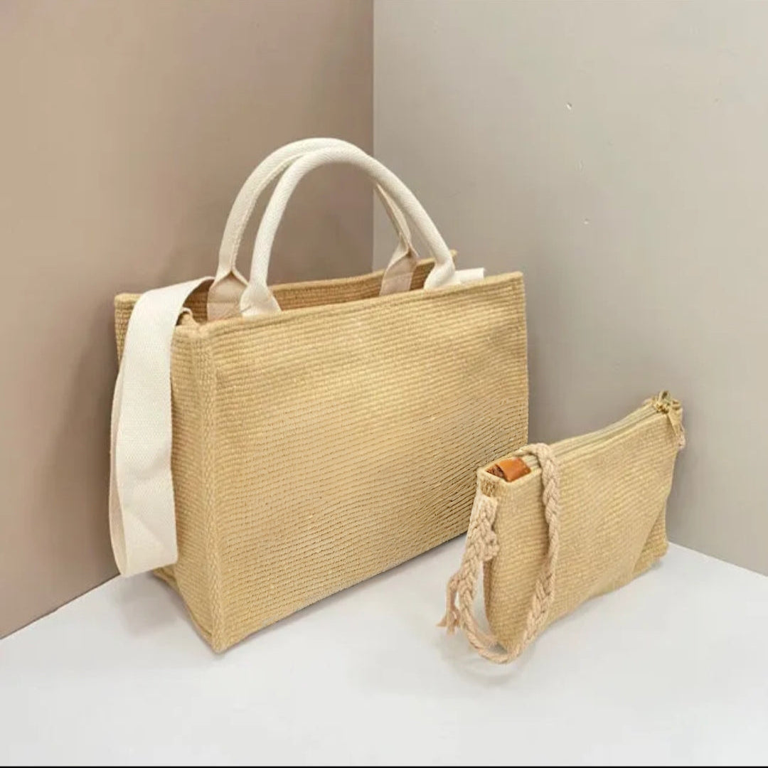 Set de bolso tote de 31x33 cm y neceser a juego con textura de algodón en color beige y blanco modelo Alessandra de Muzetto 